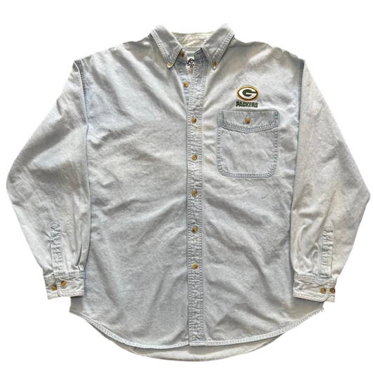 Vintage 90s NFL Green Bay Packers Football Blue Button Up Denim Shirt