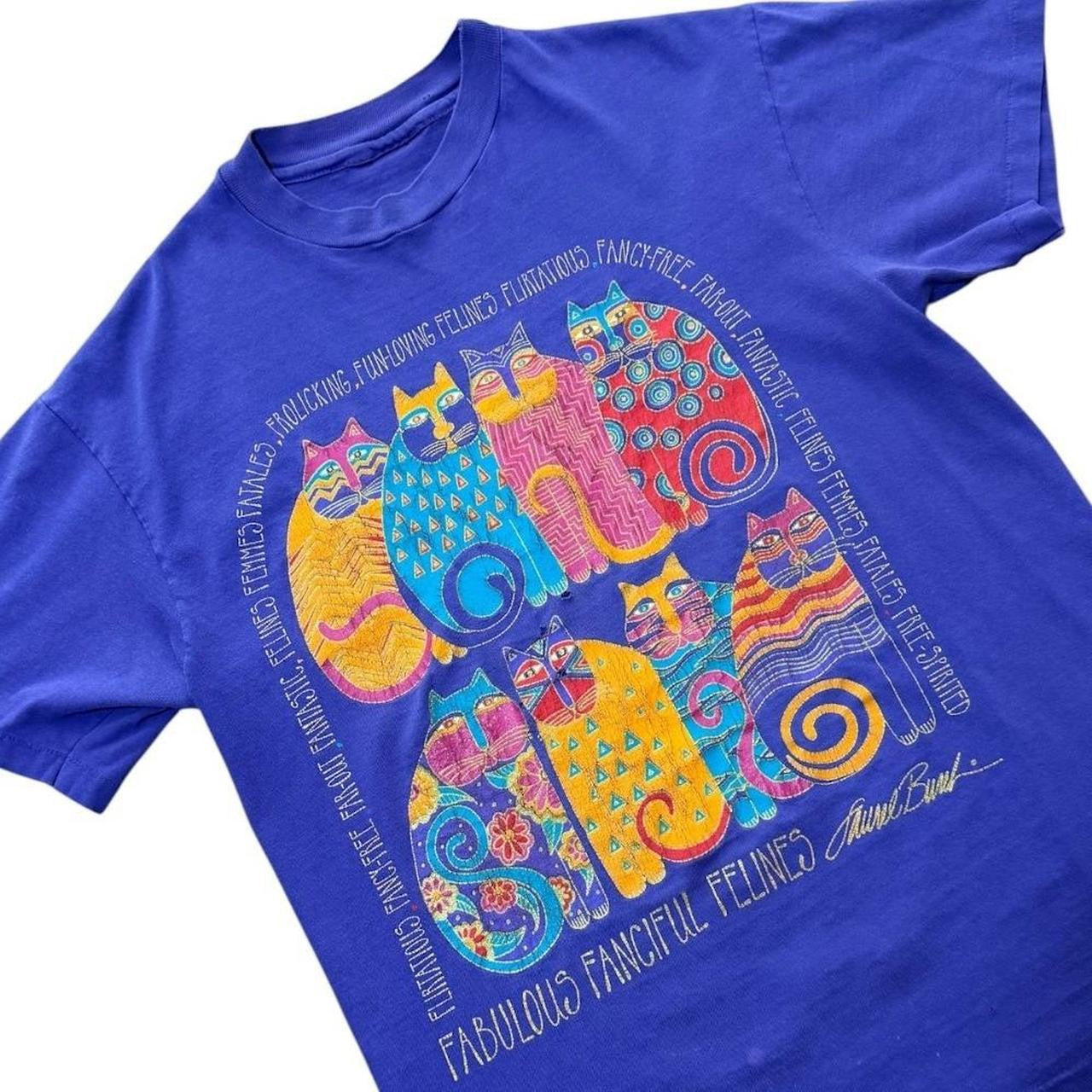 90s Cat Felines Kitty Glitter Laurel Burch Abstract Graphic Art T-shirt
