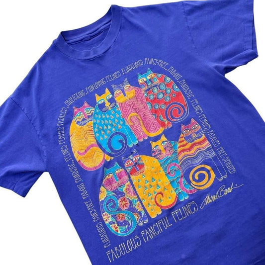 90s Cat Felines Kitty Glitter Laurel Burch Abstract Graphic Art T-shirt