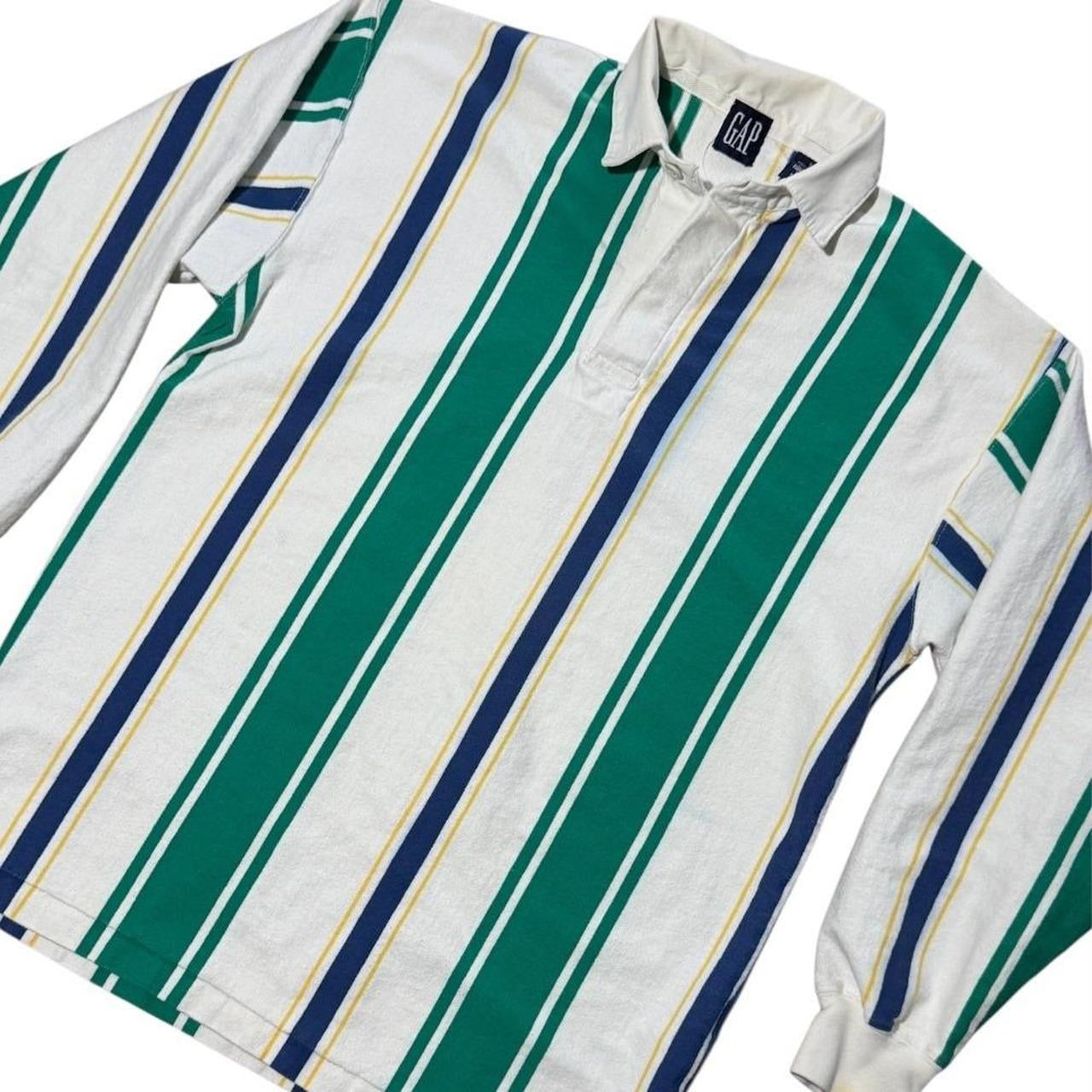 90s Gap Vertical Striped Rugby Polo Green Blue White Long Sleeve Shirt