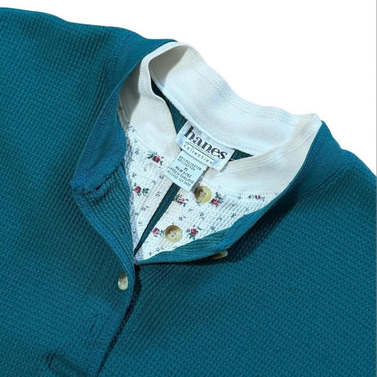 90s Teal Waffle Knit Henley Floral Trim Layer Collar Thermal Long Sleeve