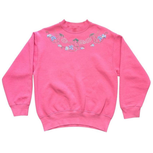 90s Cute Pink Floral Handmade Embroidery Cottagecore Crewneck Sweater