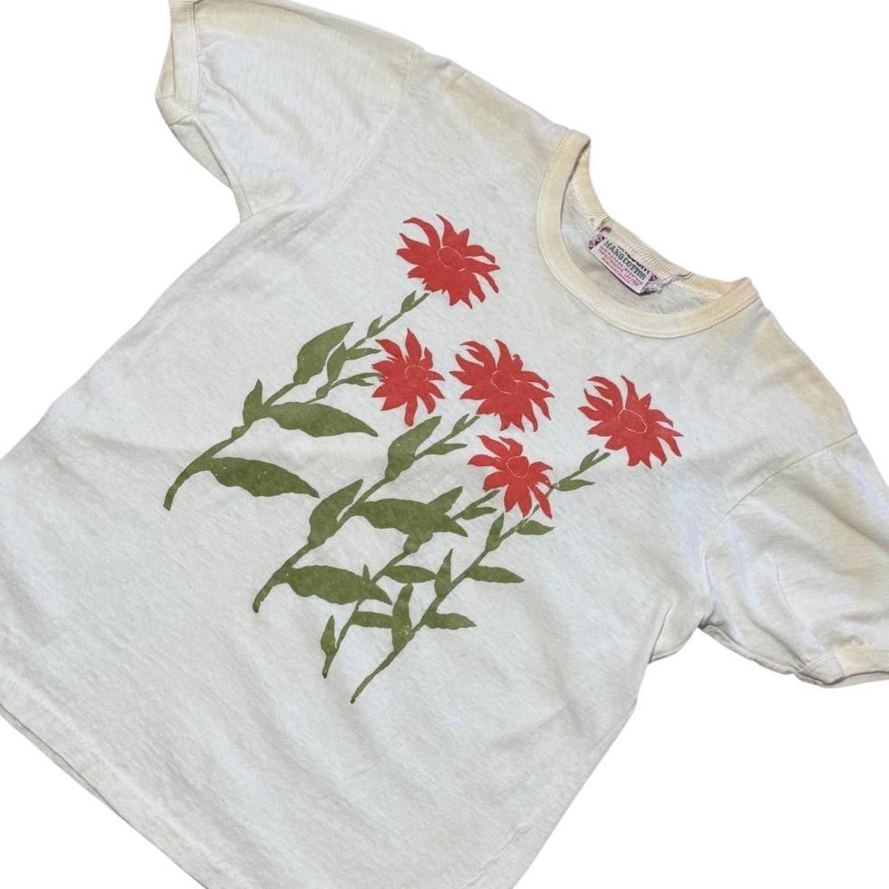 70s Mako Cotton Floral Art Red Flowers Graphic Single Stitch T-Shirt