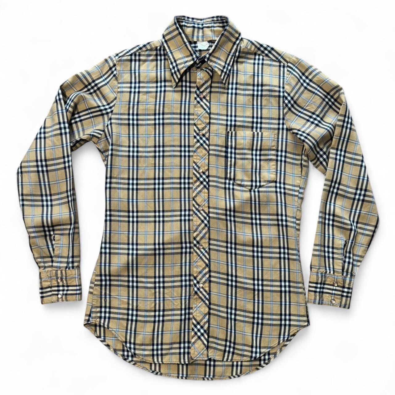 70s Pearl Snap Burberry Pattern Cream White Red Plaid Button Up