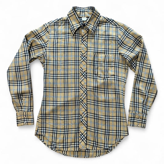 70s Pearl Snap Burberry Pattern Cream White Red Plaid Button Up
