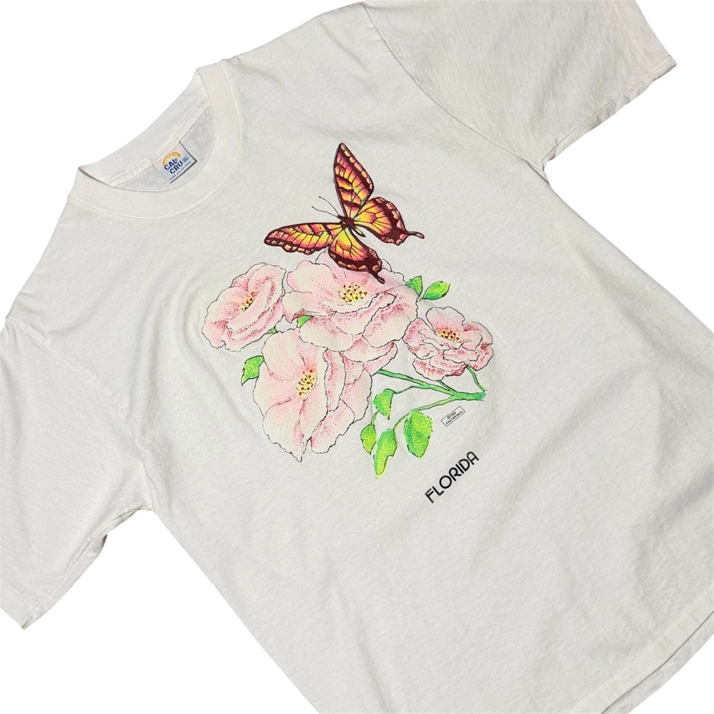 80s Florida State Butterfly Flower Puff Print Graphic Souvenir T-shirt