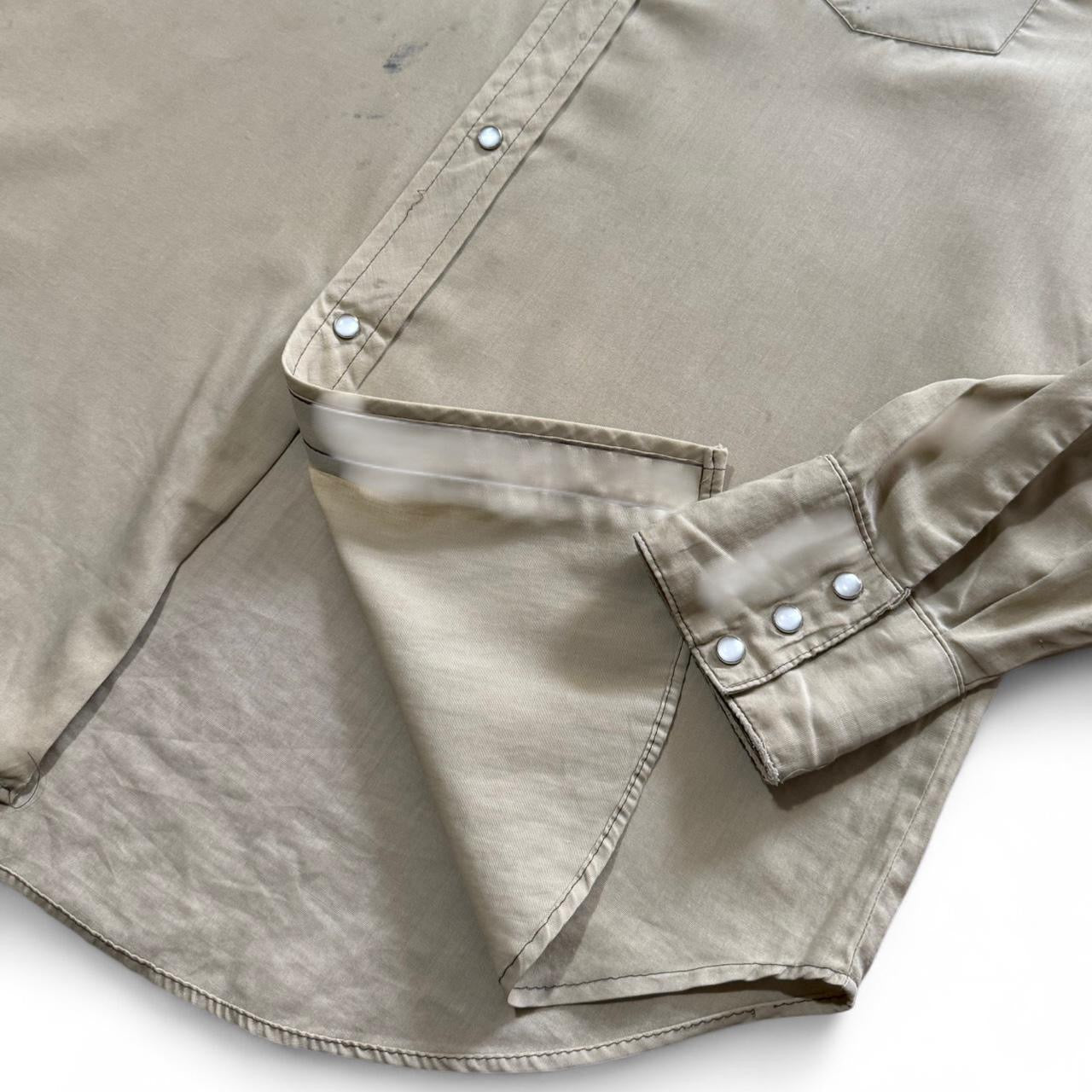 70s Tan Khaki Pearl Snap Western Cowboy Point Collar Button Up