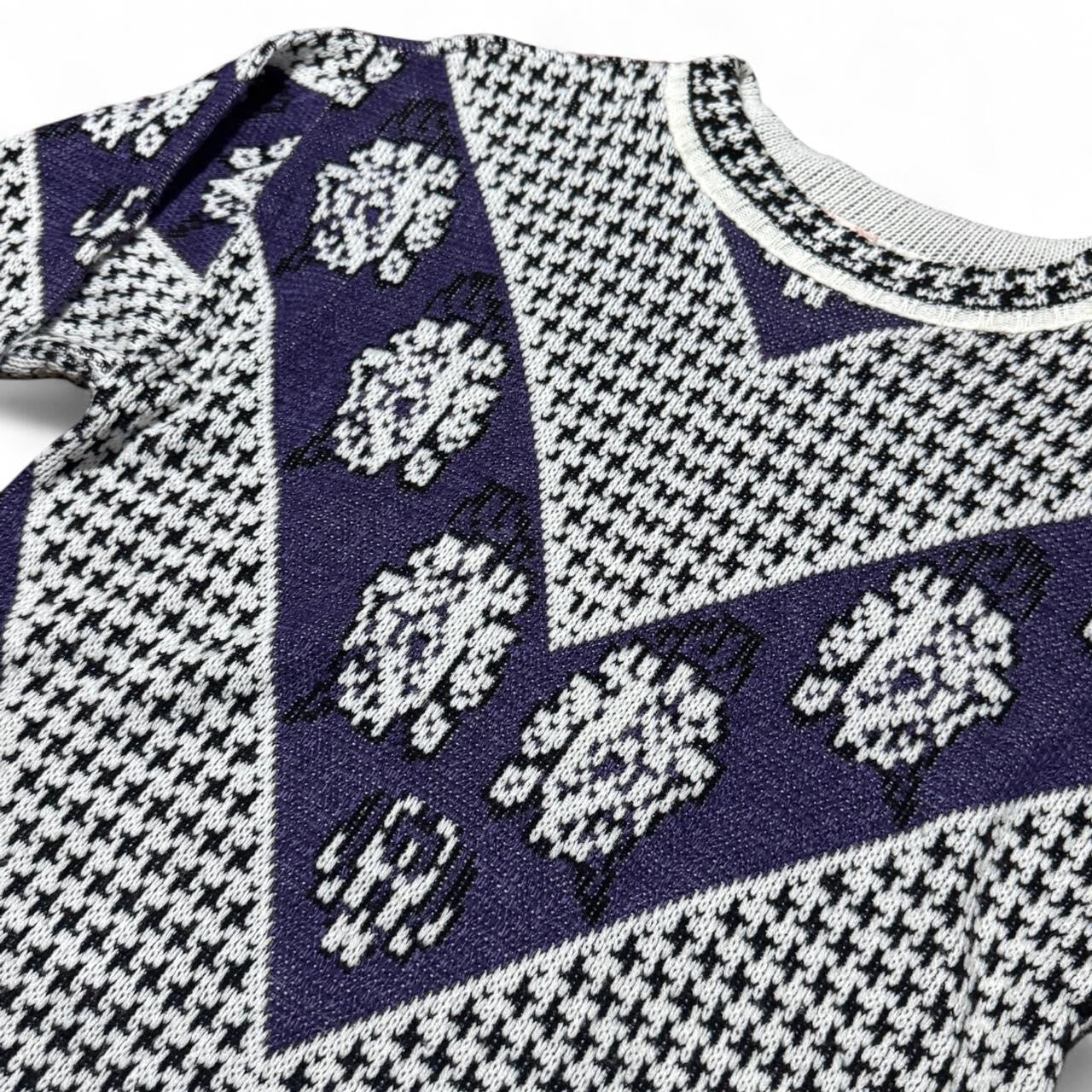 90s Purple Floral Acrylic Knit Retro Grandma 3/4 Sleeve Sweater