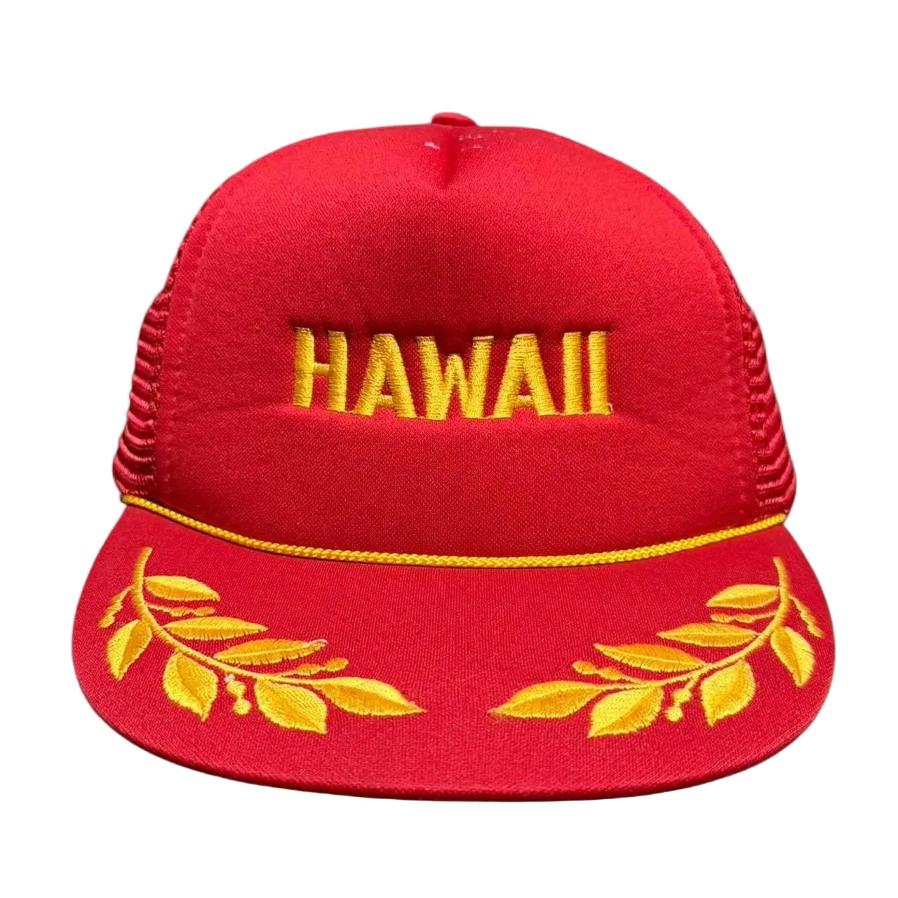 Vintage 90s Gold Leaf Embroidery Hawaii Tourist Souvenir Mesh Trucker Hat