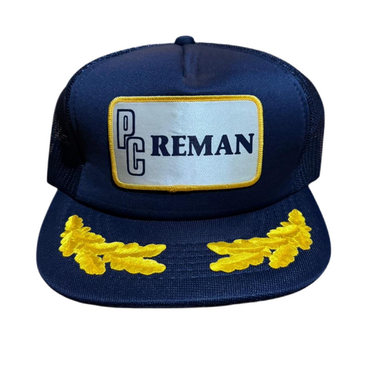 Vintage 80s Navy Gold Leaf PC Reman Trucker Mesh SnapBack Cap