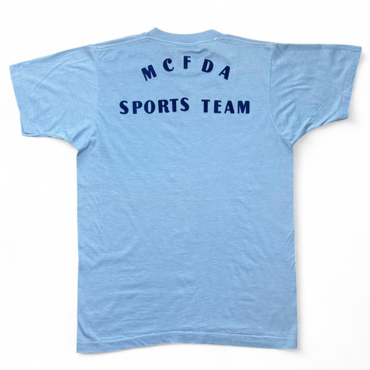 70s Baby Blue Felt Print MCFDA Sports Team Firefighters Joyce Tee