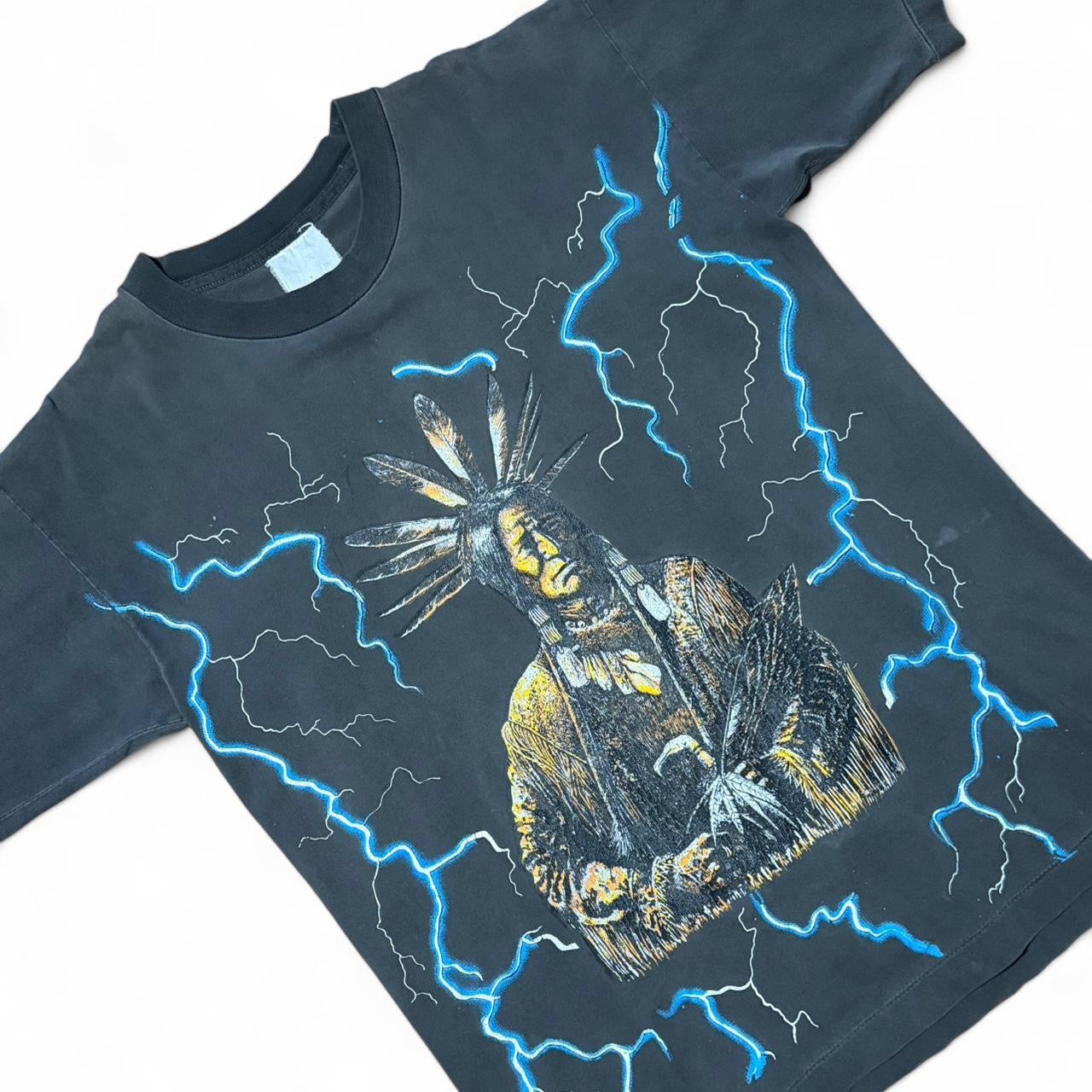 Vintage 90s Lightning Bolt Aboriginal Native Chief Thunder T-Shirt