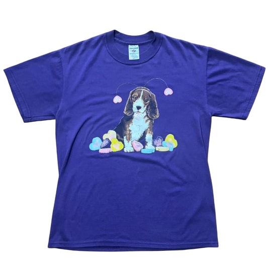 90s Purple Candy Heart Cute Puppy Dog Beagle Valentines Animal Tee