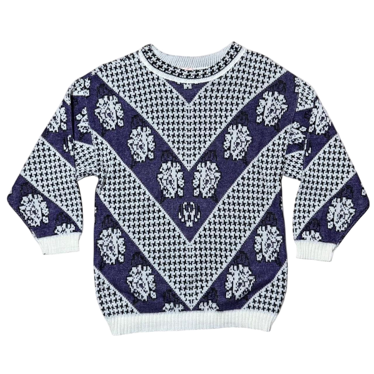 90s Purple Floral Acrylic Knit Retro Grandma 3/4 Sleeve Sweater