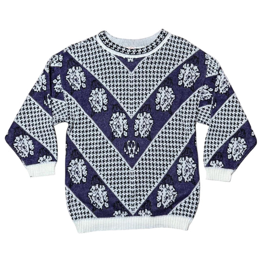 90s Purple Floral Acrylic Knit Retro Grandma 3/4 Sleeve Sweater