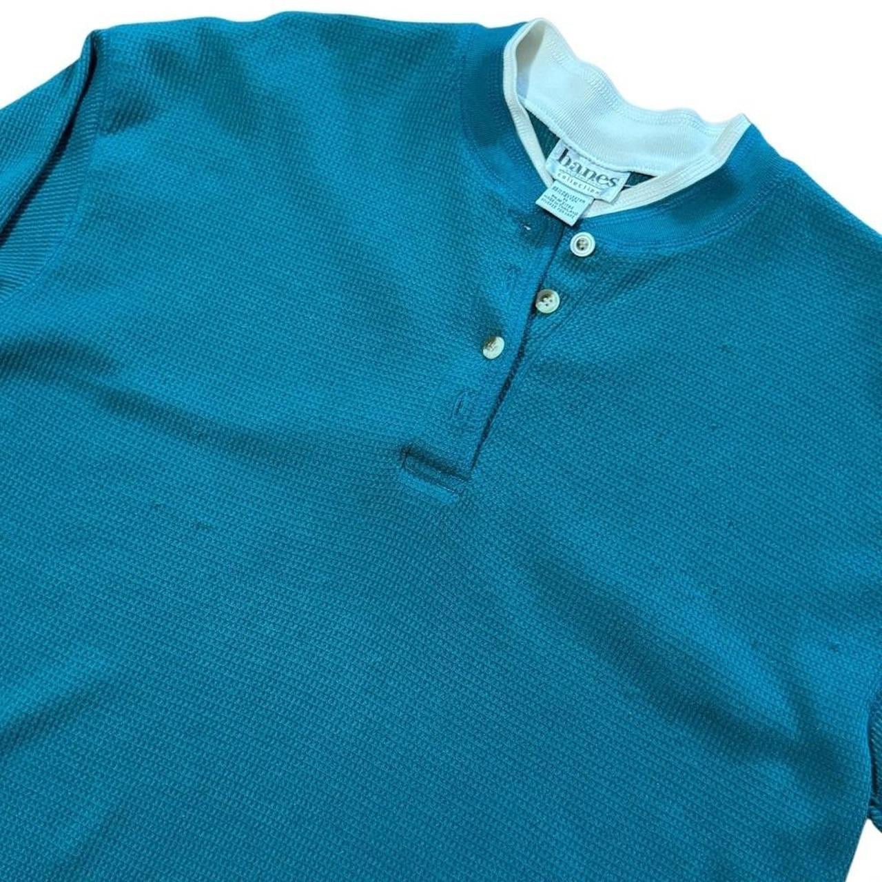 90s Teal Waffle Knit Henley Floral Trim Layer Collar Thermal Long Sleeve