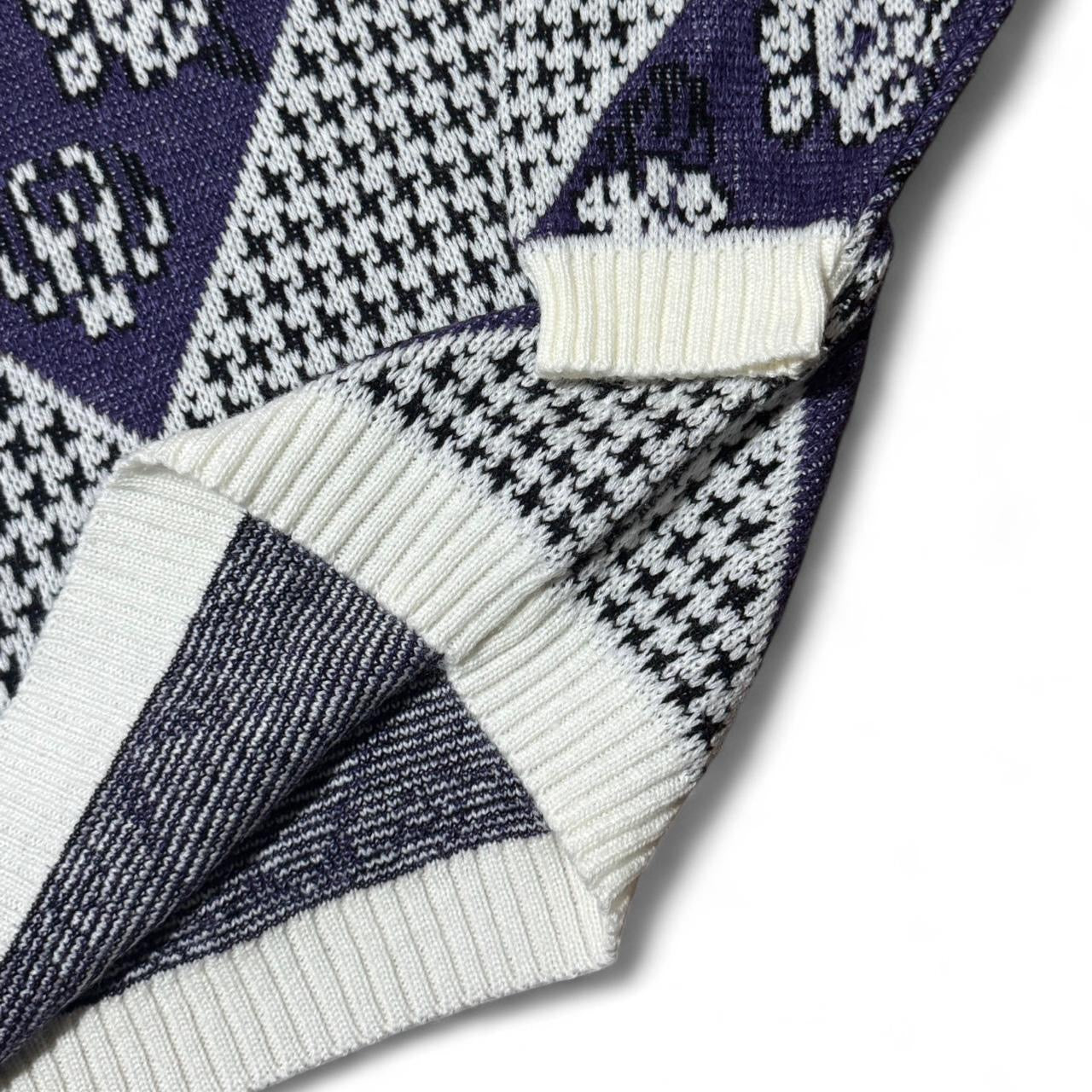 90s Purple Floral Acrylic Knit Retro Grandma 3/4 Sleeve Sweater