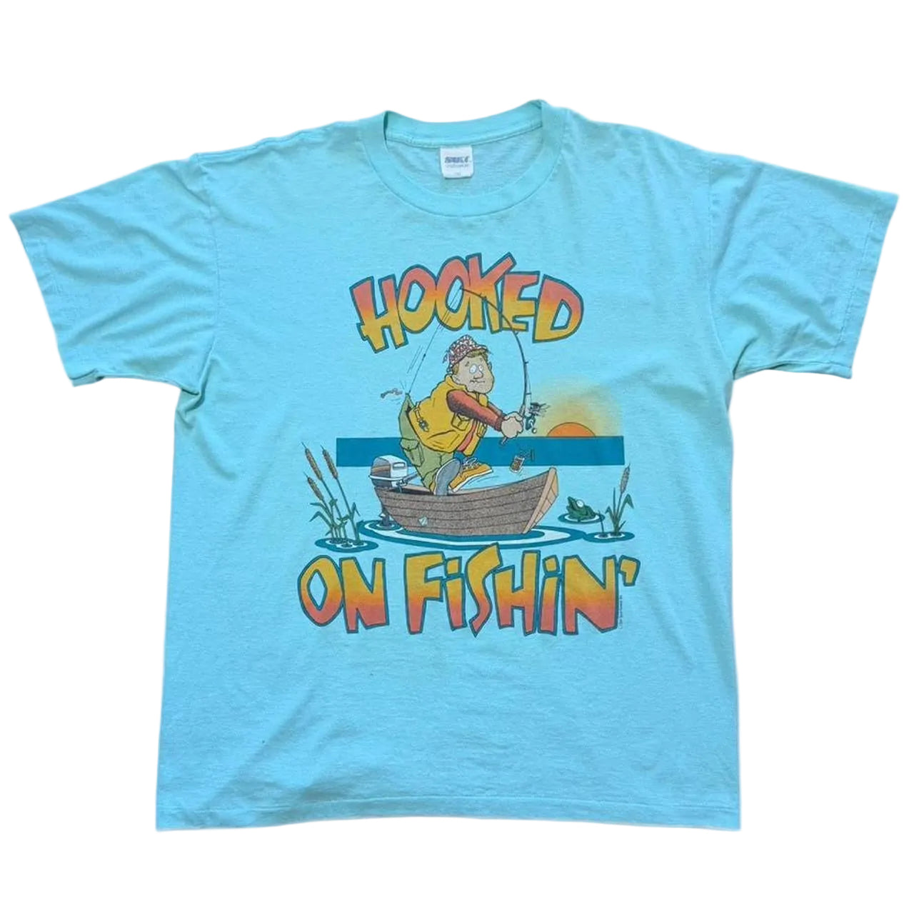 Vintage 80s Hooked On Fishing Funny Humour Joke Novelty T-shirt