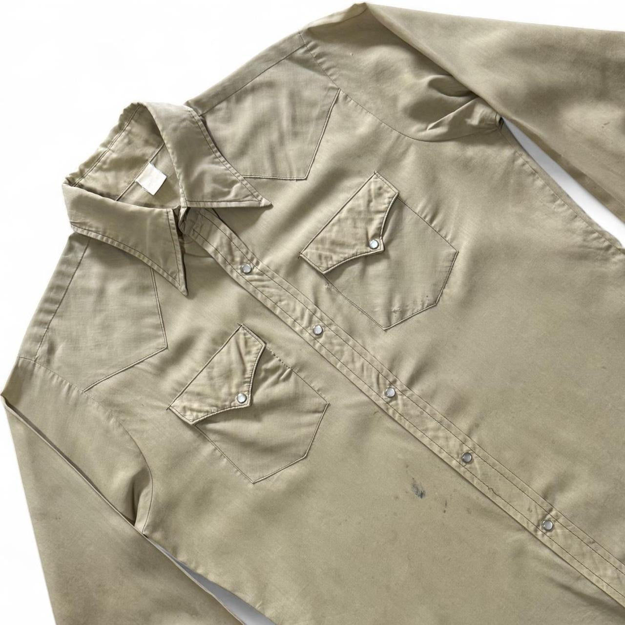 70s Tan Khaki Pearl Snap Western Cowboy Point Collar Button Up
