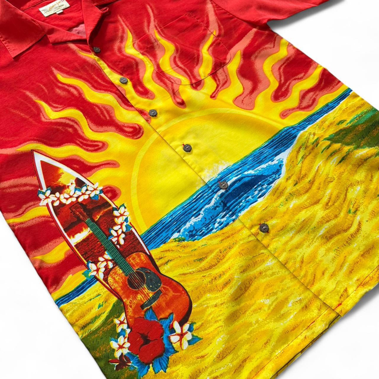 Vintage 90s Red Hawaiian Aloha Surf Button Up AOP Graphic Beach Shirt