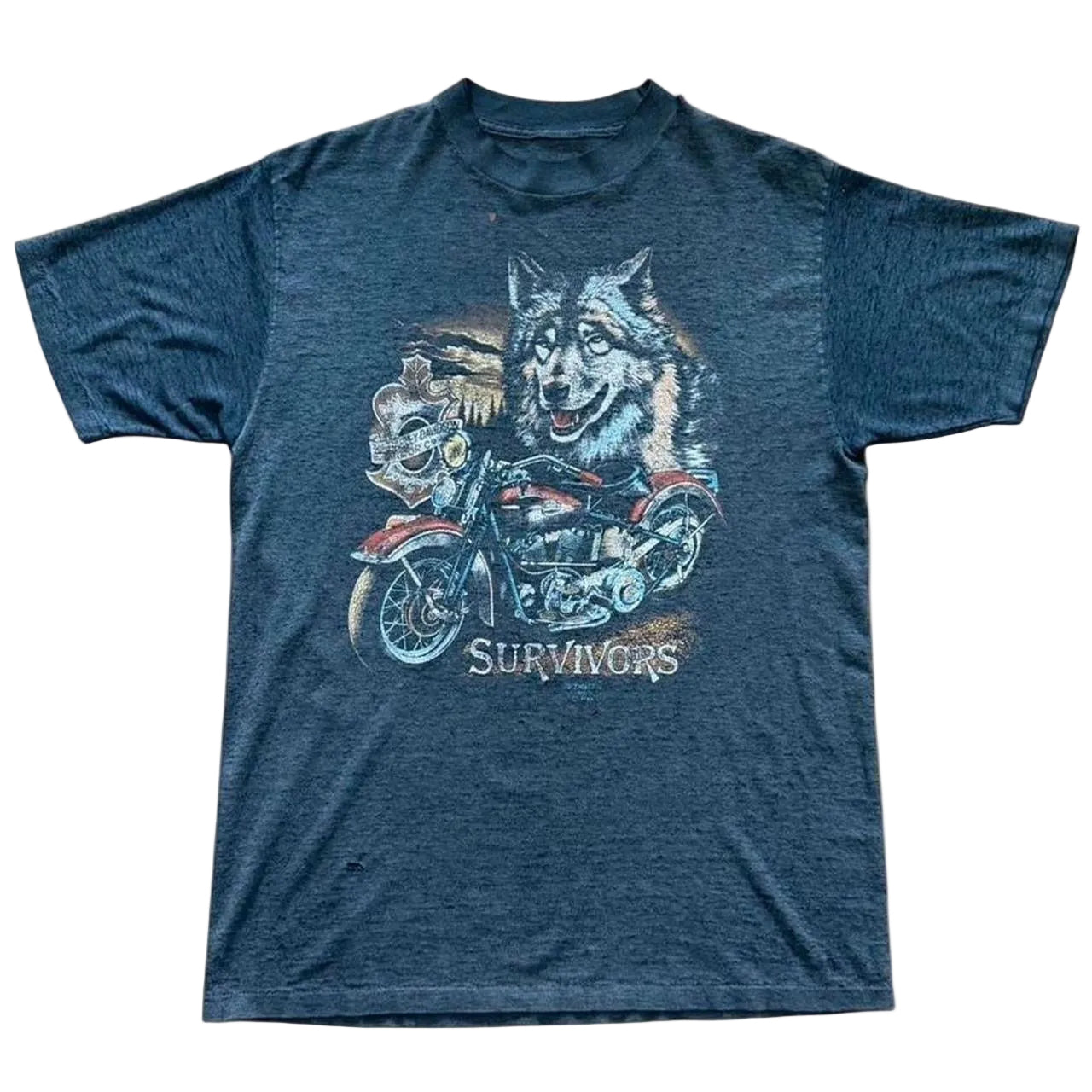 Vintage ‘89 3D Emblem Harley Davidson Survivors Wolf Biker Motorcycle T-shirt