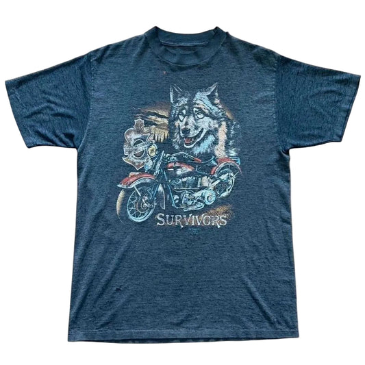 Vintage ‘89 3D Emblem Harley Davidson Survivors Wolf Biker Motorcycle T-shirt