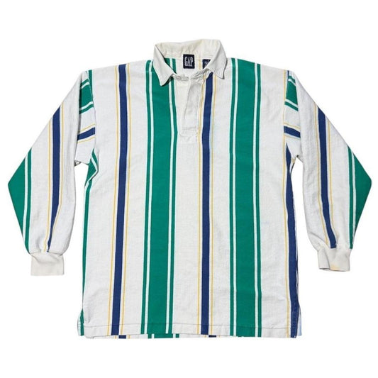 90s Gap Vertical Striped Rugby Polo Green Blue White Long Sleeve Shirt