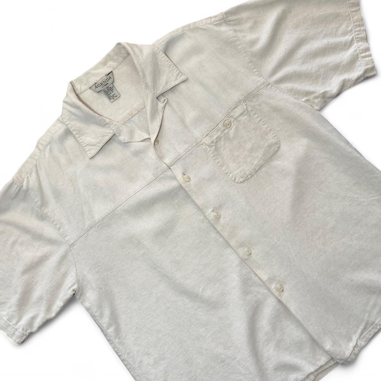 Vintage Beige Cream Linen Button Up Natural Light Button Up Dress Shirt