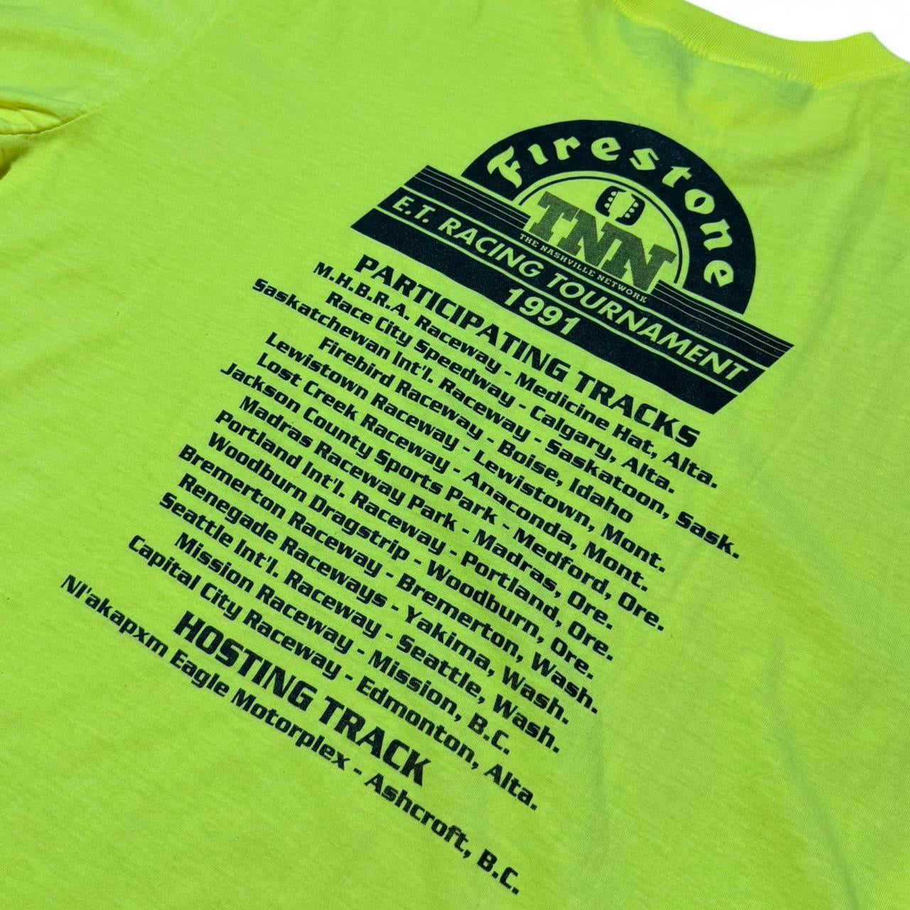 Vintage 1991 Firestone Lime Yellow Eagle Motorsports Racing T-shirt