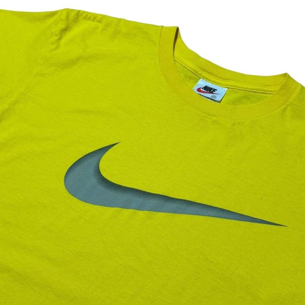 90s Nike 3D Swoosh Logo Neon Yellow Graphic Sports USA Made T-shirt
