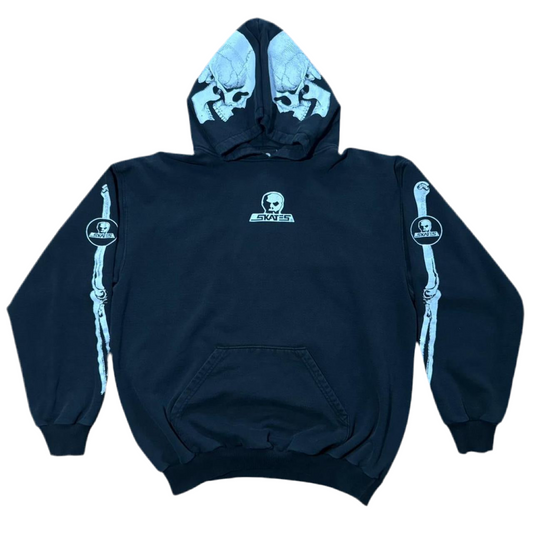 Rare Vintage Y2K Skull Skates Skeleton Sleeve Graphic Pullover Hoodie