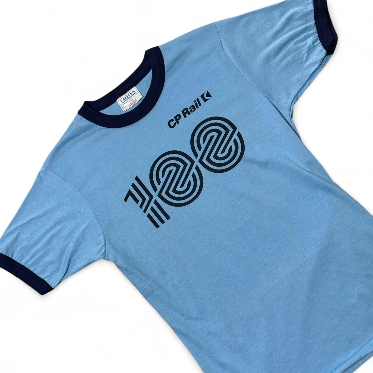 70s Canadian Pacific Railway Trains Baby Blue Graphic Logo Ringer