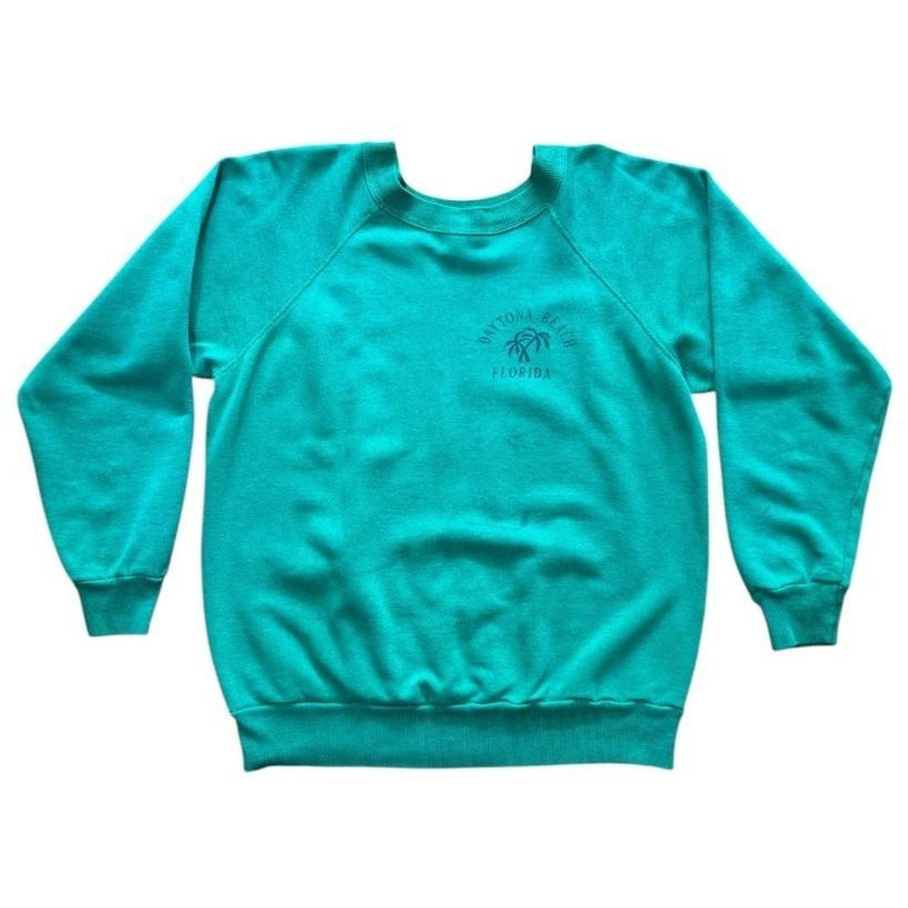 80s Pannill Daytona Beach Florida USA Teal Raglan Surf Palm Tree Sweater