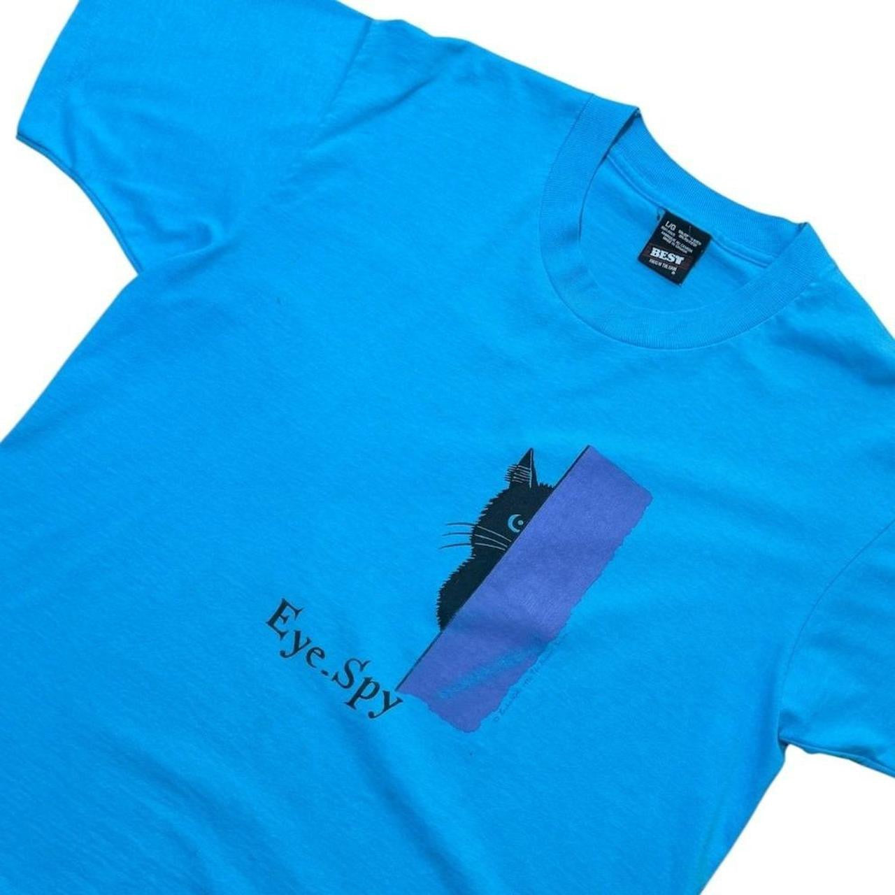 90s Eye Spy Black Kitty Cat Cute Animal Art Baby Blue Graphic T-shirt
