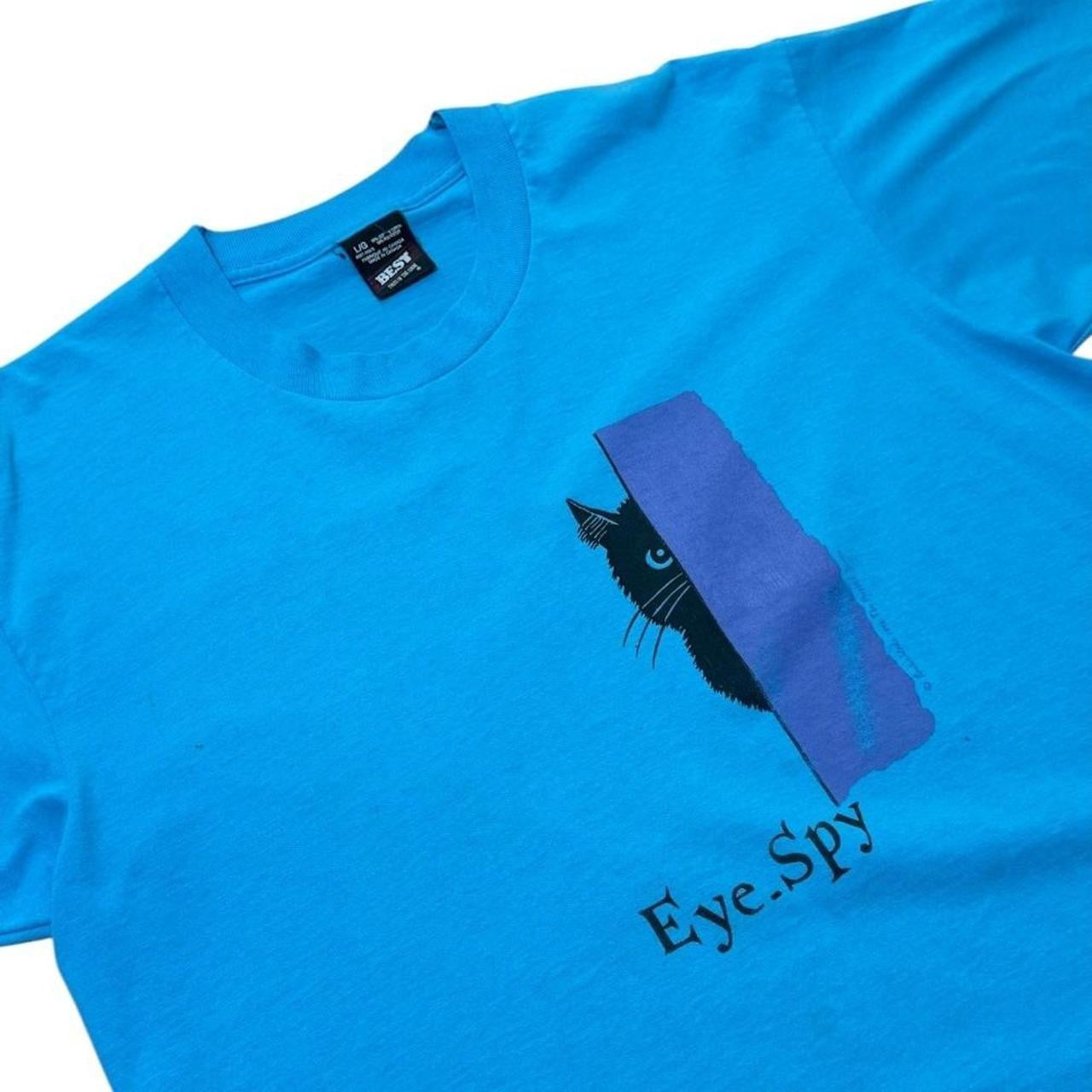 90s Eye Spy Black Kitty Cat Cute Animal Art Baby Blue Graphic T-shirt