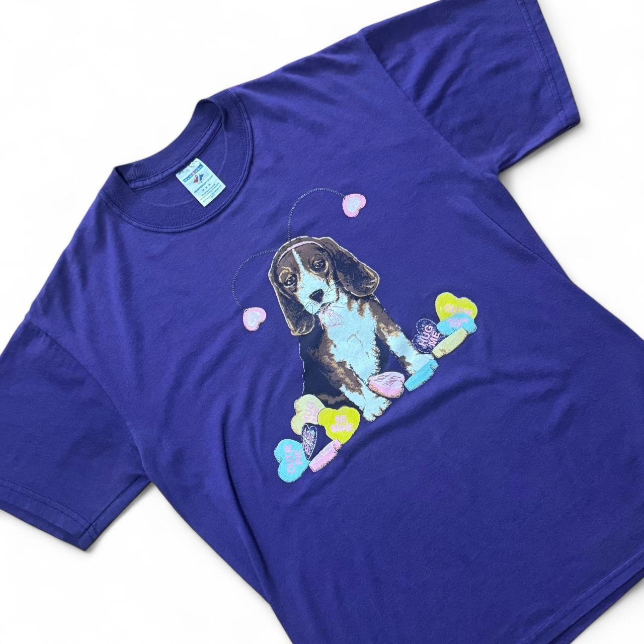 90s Purple Candy Heart Cute Puppy Dog Beagle Valentines Animal Tee