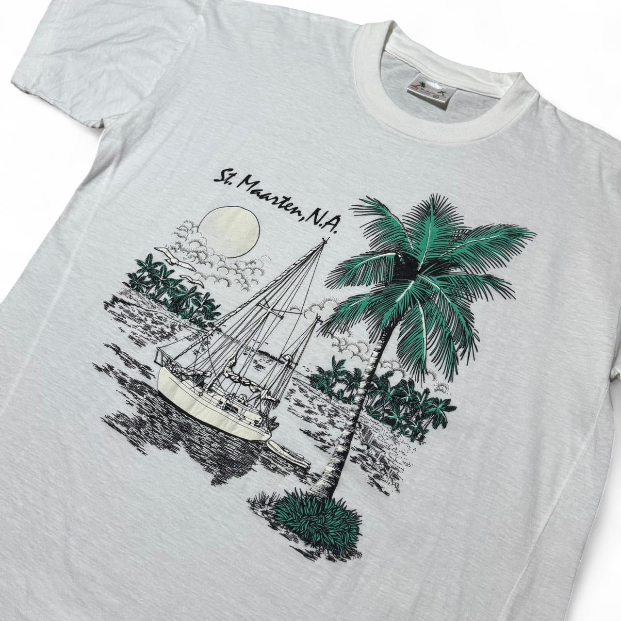 1980s St. Maarten Tropical Palm Tree Ocean Beach Graphic Souvenir Tee