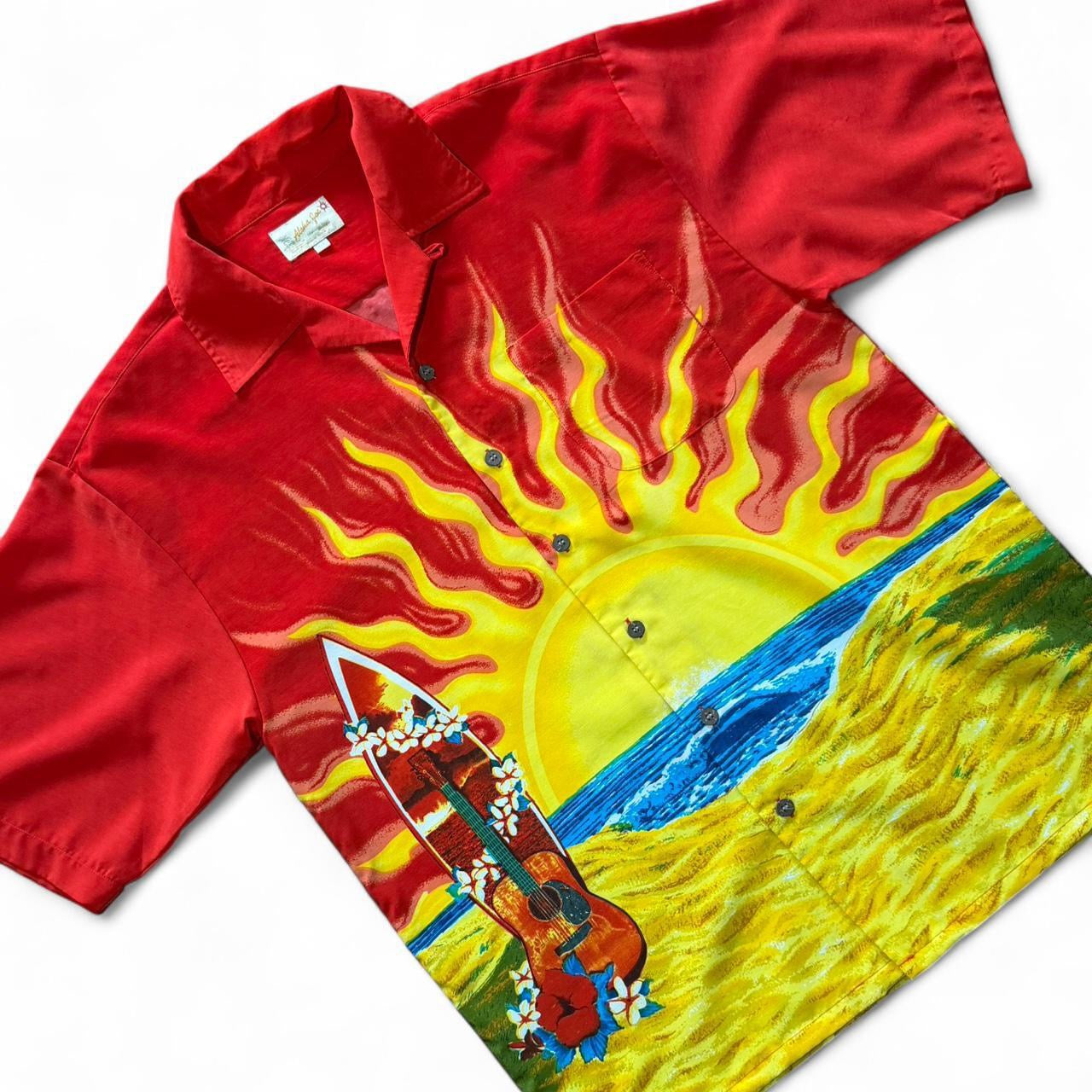 Vintage 90s Red Hawaiian Aloha Surf Button Up AOP Graphic Beach Shirt