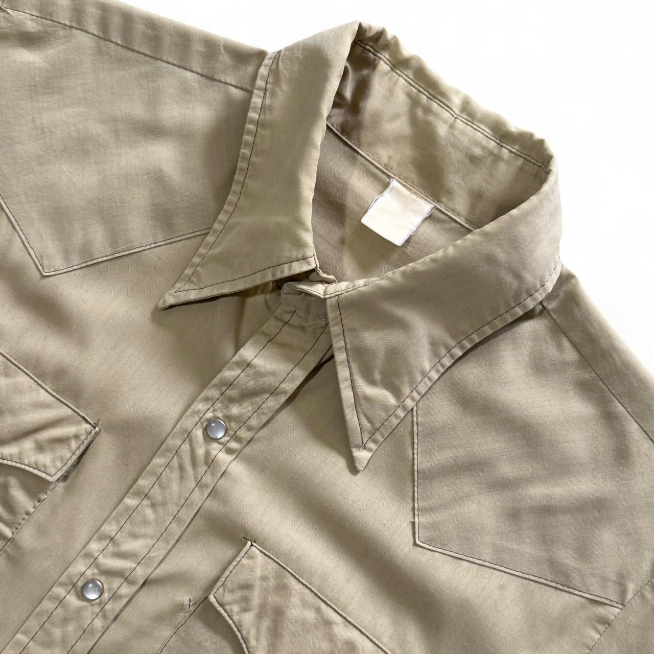 70s Tan Khaki Pearl Snap Western Cowboy Point Collar Button Up