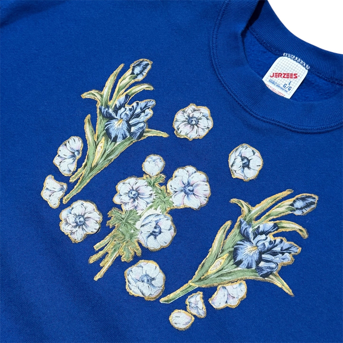 80s Blue Floral Flowers Nature Graphic Embroidered Crewneck Sweatshirt