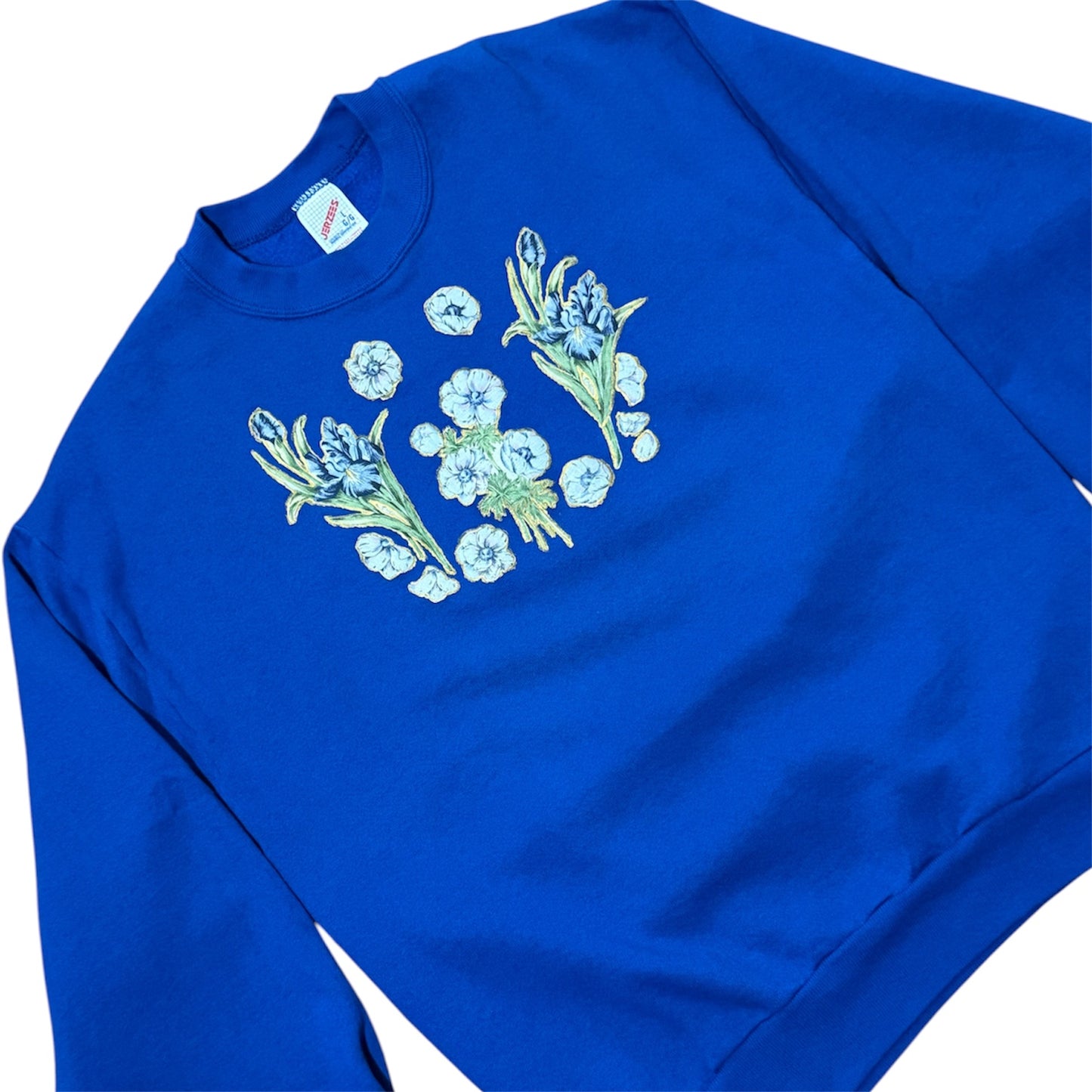 80s Blue Floral Flowers Nature Graphic Embroidered Crewneck Sweatshirt