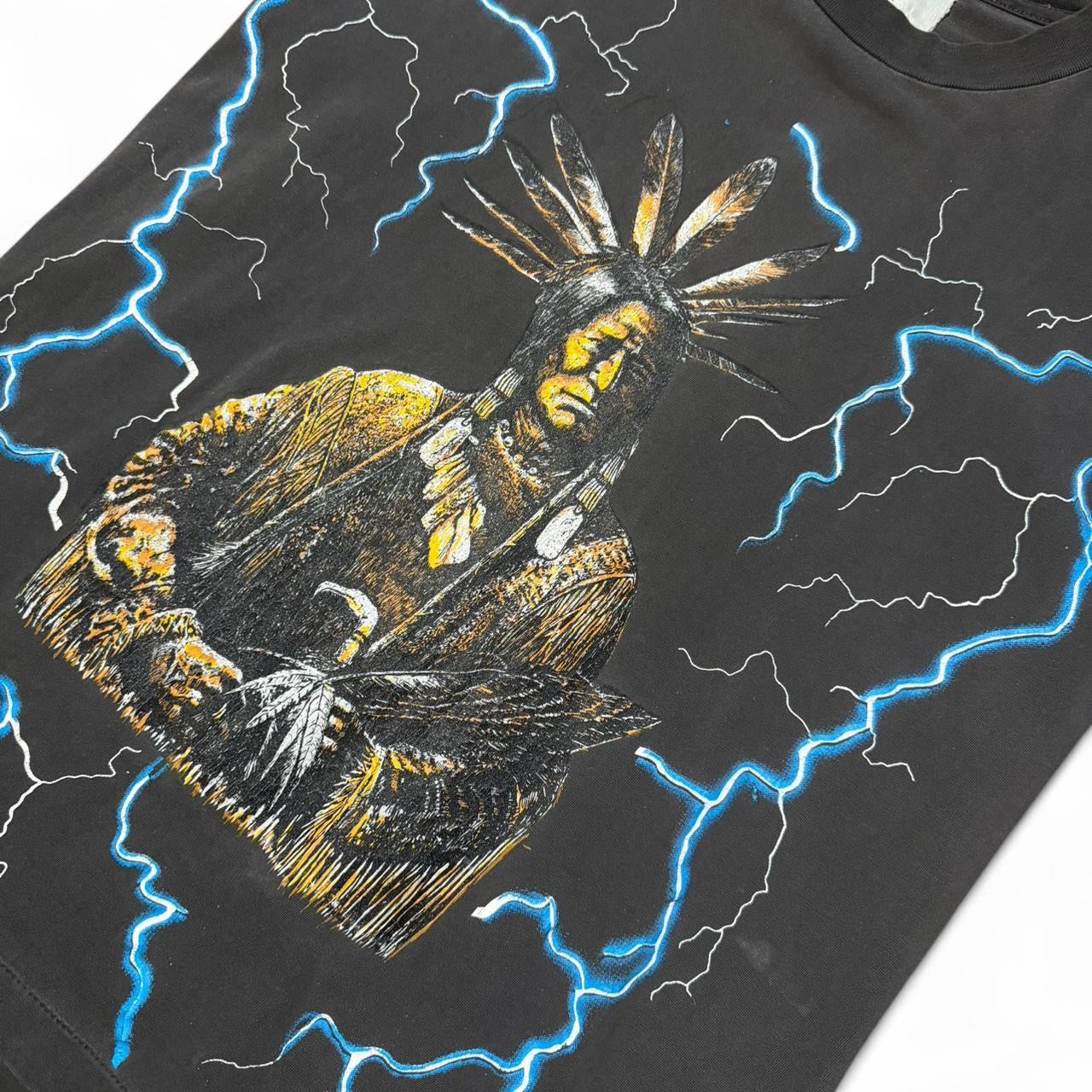 Vintage 90s Lightning Bolt Aboriginal Native Chief Thunder T-Shirt