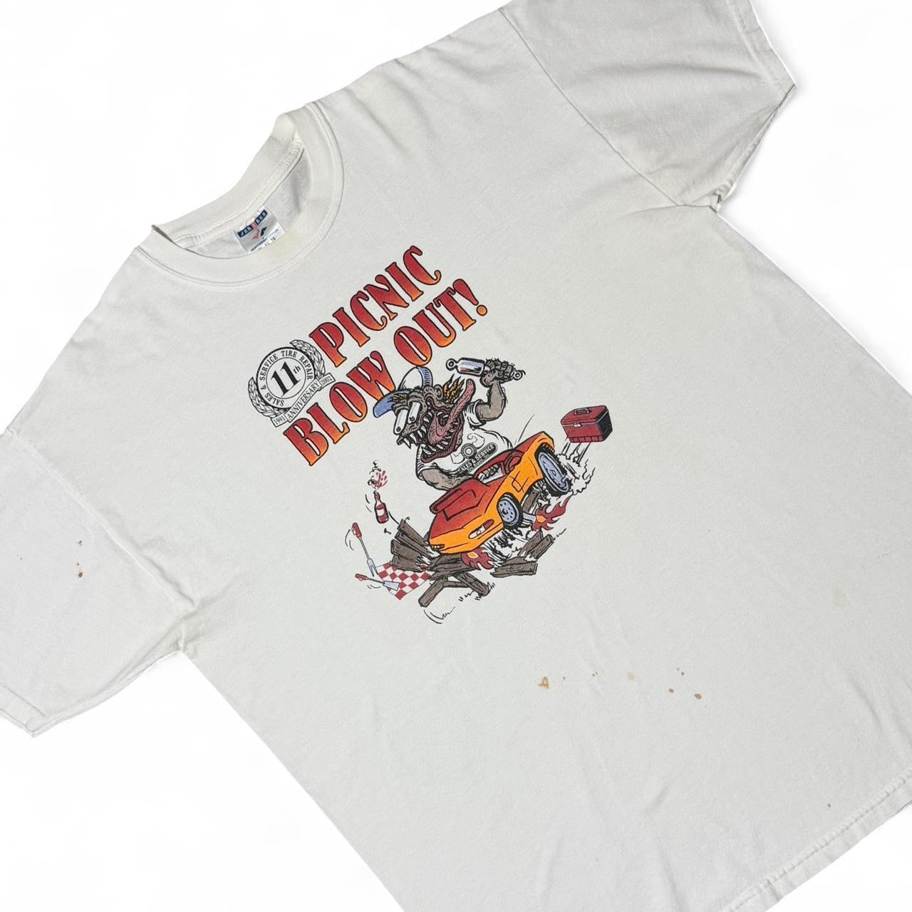 2002 Rat Fink Picnic Blowout Graphic Auto Shop Mechanic Tee