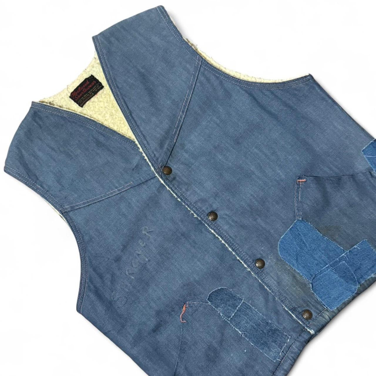 Vintage 1970s Sherpa Lined Patchwork Denim Button -Up Vest