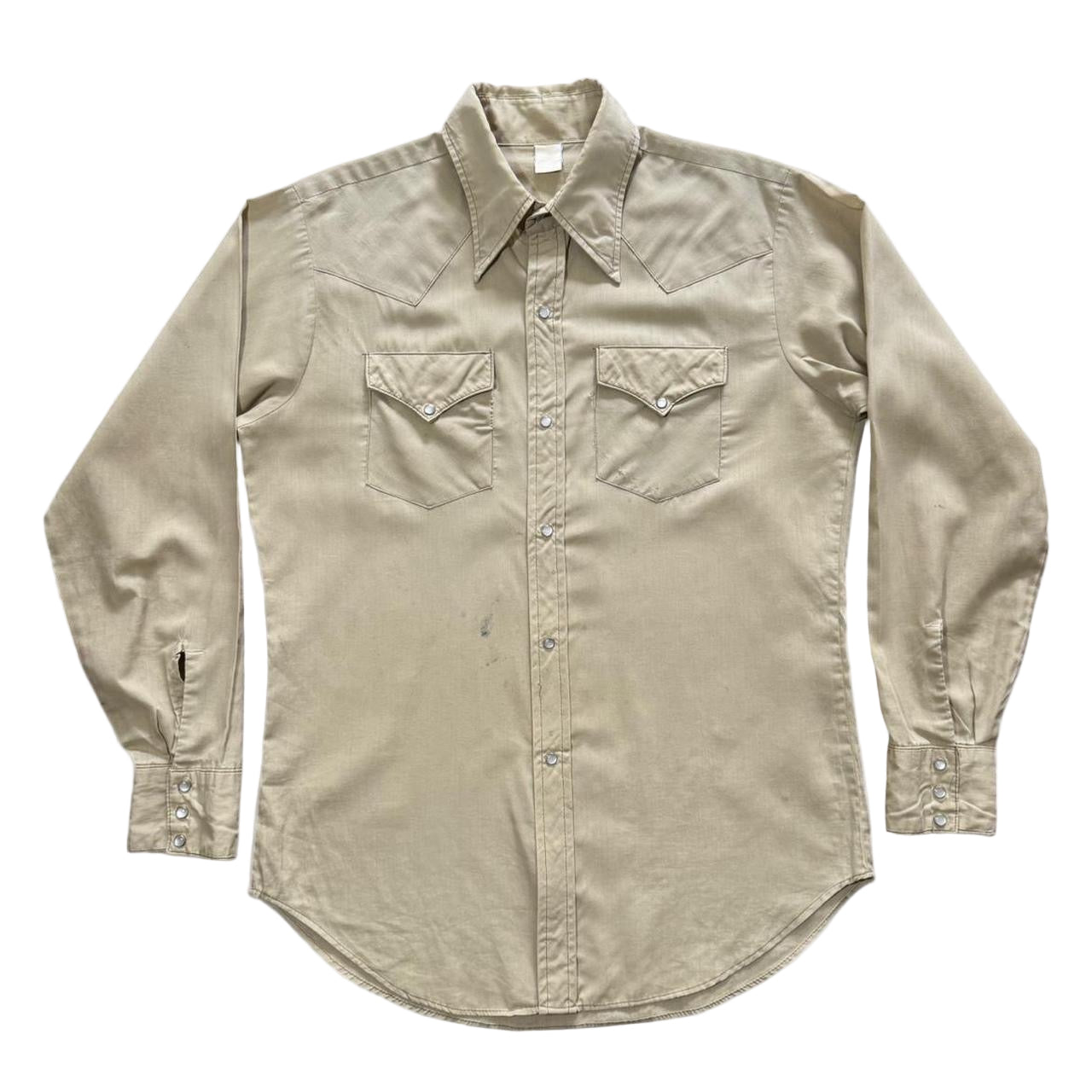 70s Tan Khaki Pearl Snap Western Cowboy Point Collar Button Up