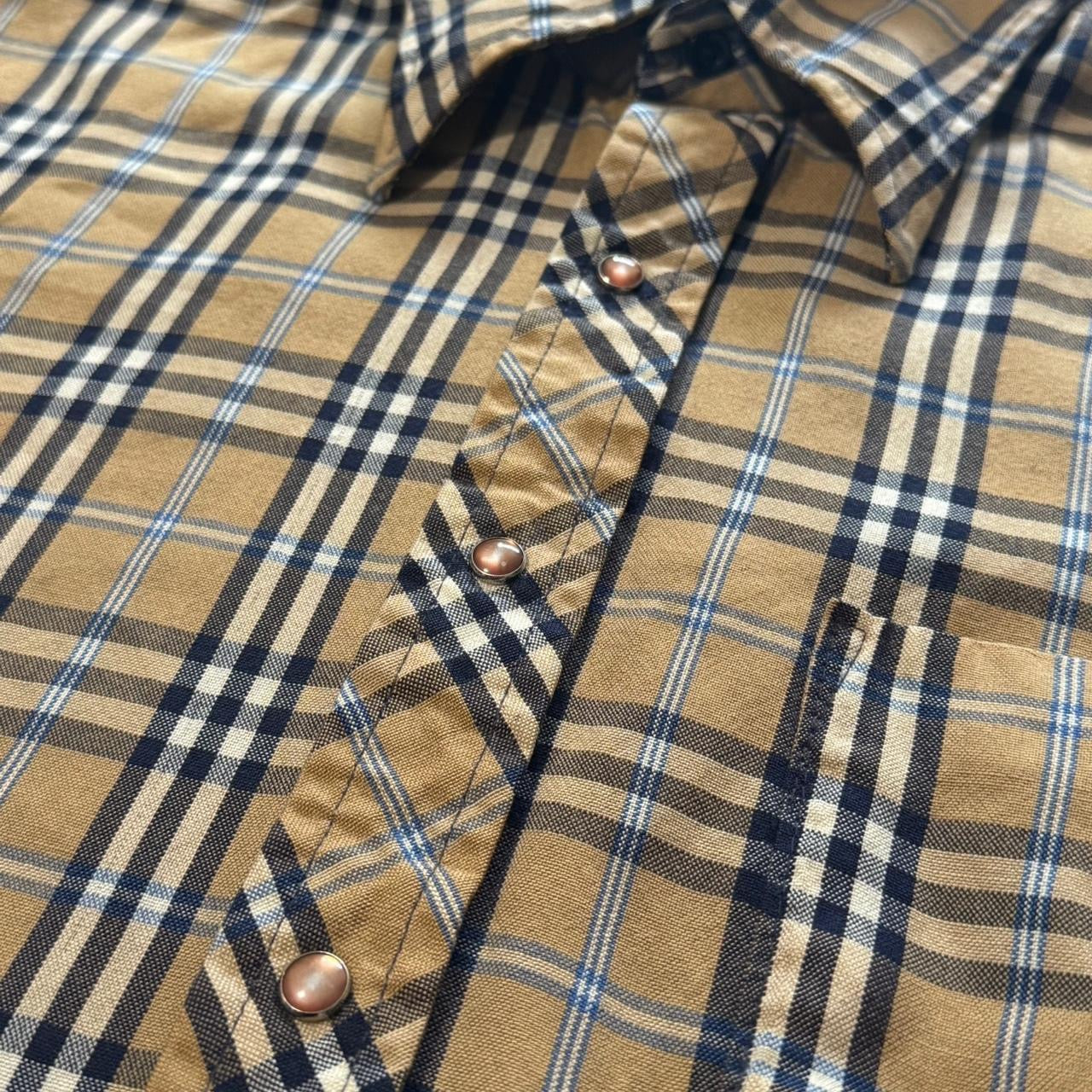 70s Pearl Snap Burberry Pattern Cream White Red Plaid Button Up