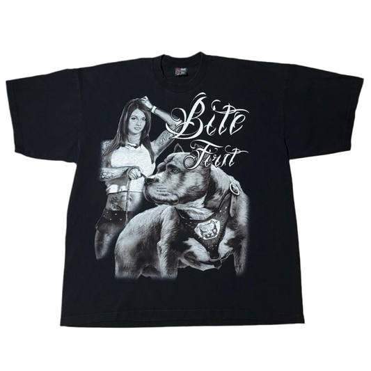 Vintage Y2K Pitbull Tattoo Babe Dog ‘Bite First’ Script Tee