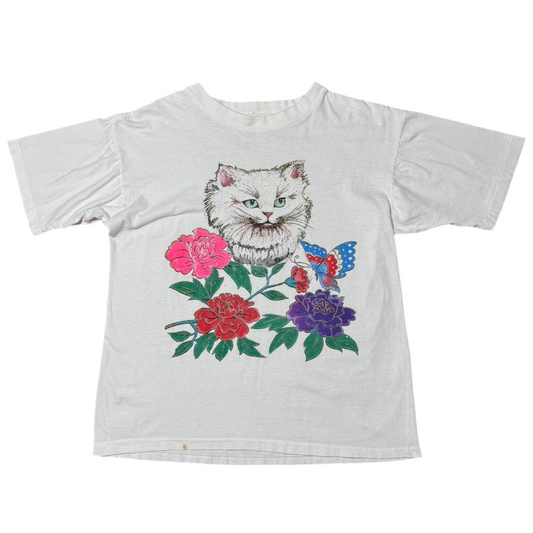Vintage 90s Glitter Graphic Kitty Cat Kitten Flower Retro Tee