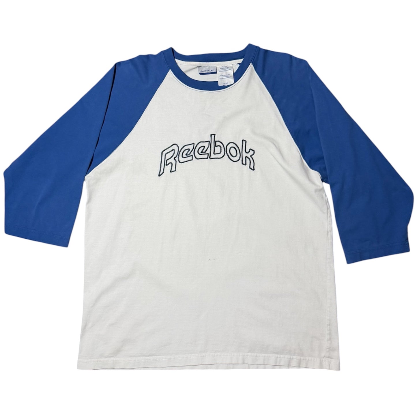 Y2K Reebok White Blue Embroidered Spellout Logo Raglan Baseball T-Shirt