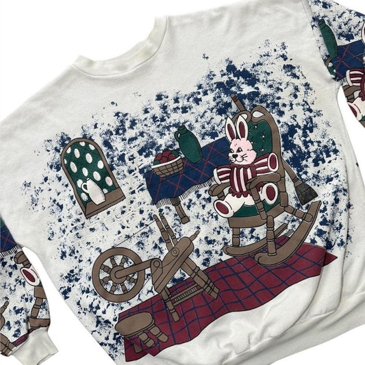 90s Cute Bunny AOP Puff Print Max & Ruby Rabbit Folk Cottage Art Sweater